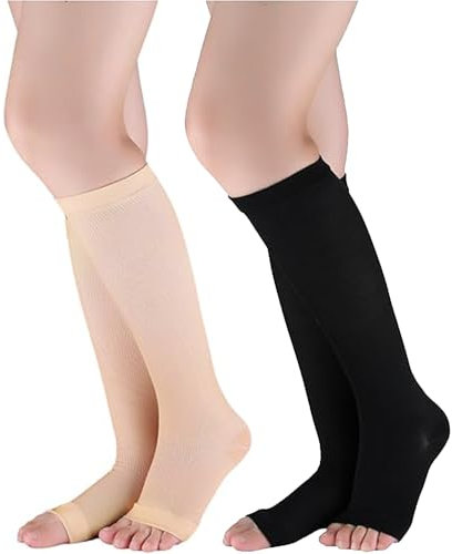 KOMUNJ Lot de 2 paires de manches de compression pour mollets, chaussettes de compression graduées pour femme, homme, sport, support au genou, pour œdème, gonflement, Couleur de la peau, noir,