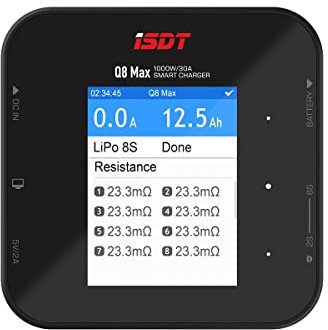 ISDT Q8 MAX Lipo Smart Battery Charger - RC Battery Charger Discharger DC1000W 30A 2-8S Touch Screen - Li-Hv Li-Ion/Fe NiMH Ni-Cd Pb Lithium Lifepo4 Car Battery Balance Charger/Adapter
