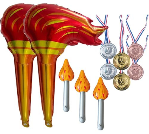 SSKHE Set Torche Gonflable et Médailles en Métal avec 4 pièces Torche Gonflable und 6 pièces Medaille en métal,Jeux Decoration Jeux Olym