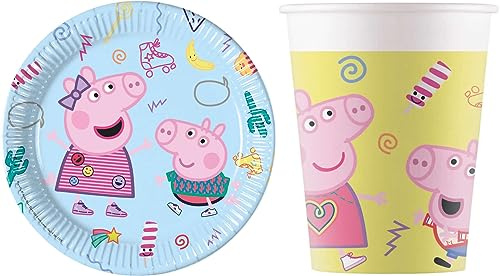 Procos Peppa Pig Party Deko Set | 16-tlg Kindergeburtstag Geschirr Set | Peppa Wutz Partygeschirr mit 8 Papptellern und 8 Pappbechern. FSC-zertifiziertes Tischdeko Set für Kinder ab 3 Jahren.