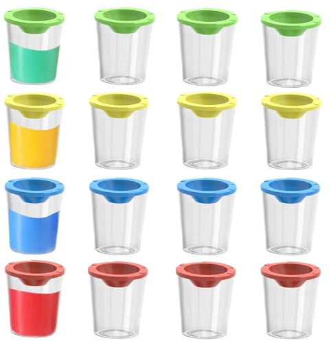 JINGHANGER 16 Stück Plastik Farbbecher mit Verschüttschutz Plastik Paletten Becher mit Deckel Kein Spill Malbecher für Malen, Schule 4 Farben
