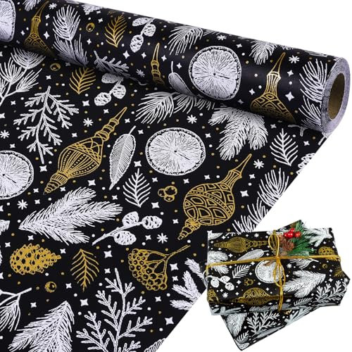 Weihnachts-Geschenkpapier, schwarze und goldene Folie, Kraft-Geschenkpapier, Jumbo-Rolle, schwarz-weißes Geschenkpapier für Weihnachten, Winter, Urlaub, Neujahr, Feier, 43,2 cm × 9,2 m