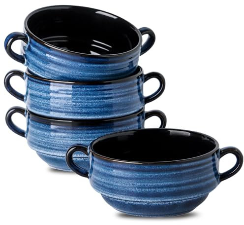 HASENSE Soup Bowls with Handles, 18 oz Ceramic French Onion Soup Crocks Set of 4, Stackable Small Serving Bowls for Chili, Stew, Cereal, Microwave Oven and Dishwasher Safe, Blue