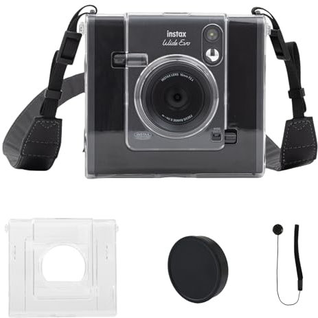 HIYQIN Clear Case with Lens Cap for Fujifilm Instax Wide Evo, for Fuji Instax Wide Evo Clear Cover, Accessories, Aluminum Black Lens Cap with Anti-Lost String