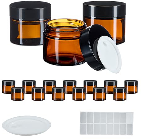 Relaxdays Amber Glass Jars, Set of 16, Creams & Makeup Pots, 60 ml, Container with Screw Lid, Cover Discs, Brown/Black