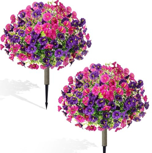 Yunlly 24 Set of 2 Artificial Topiary Ball with Fake Morning Glory Real Looking Flowers Outdoor with Spike, UV Resistant Faux Bush Shrub for Front Porch Garden Indoor Decor(Dark Purple and Rose Red)