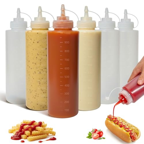 OAMCEG Sauce Squeeze Bottles,6 Pack 32oz/1000ml Plastic Condiment Bottles | Squeezy Sauce Bottle with Caps Ketchup & Condiment Bottles with Measurement for Syrup, Dressings, Mayonnaise,Hot Sauce