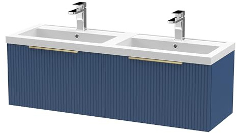 Balterley Vanity Unit with Basin Wall Hung, 2 Drawer Soft Close with 2 Rectangular Sink and Handles, Bathroom Vanity Units with Basin, Fluted Front Sink Cabinet - 1205 x 383 x 399mm (Blue)