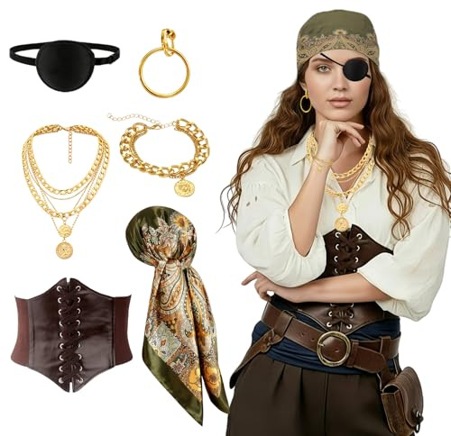 Xerteam 6 Stück Piraten Zubehör Damen Set, Piratin Kostüm Accessoires mit Kopftuch Augenklappe Taillengürtel Halskette Ohrringen & Armbändern, Mittelalter Piratenkostüm für Karneval, Halloween (Grün)