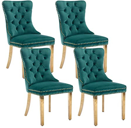 Shenyon Grüne Samt-Esszimmerstühle 4er Set, Goldfarbene Edelstahlbeine | Mid Century Modern Stil; Rückenlehne mit Knopfheftung; Ziernägel; dekorativer Ringgriff; bequeme Polsterung; einfache Montage