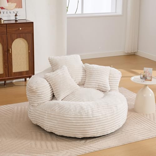LIFEISLE Lazy Sitzsack Sofa mit DREI Kissen, Rund Relaxsessel Bean Bag für Erwachsene und Kinder, Einzelsessel Stuhl Indoor, Single Gaming Sofa Stuhl für Wohnzimmer Schlafzimmer Spielraum, Cord Beige