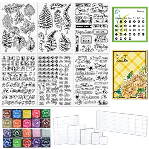TWINKLEMON 6 Blätter Clear Stamps für Kartenherstellung Enthält 20 Stempelkissen 6 Acryl-Stempelblock, Silikonstempel mit Segen Grußblätter Buchstaben Datum Stempel für Basteln DIY Scrapbooking