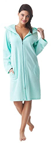 DOROTA kuscheliger und moderner Damen Baumwoll-Bademantel mit Taschen, Reißverschluss & Kapuze, made in EU, mint, Gr. M