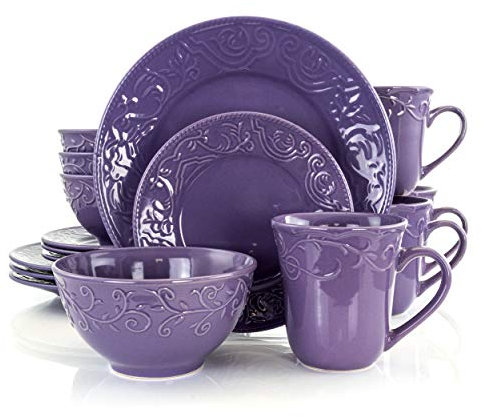 Elama Embossed Stoneware Elegant Round Dinnerware Dish Set, 16 Piece Set, Lilac Purple