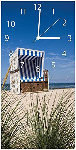 Wallario Design-Wanduhr Strandkorb aus Glas, Motiv-Uhr Größe 30 x 60 cm, weiße Zeiger
