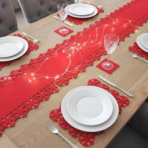Christmas Concepts® Set di biancheria da tavola natalizia in feltro rosso 9pce - Include 2 m di runner per fiocchi di neve, tovagliette e sottobicchieri di fiocchi di neve