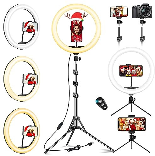 VEVICE 25,9 cm Faltbares Dimmbares LED-Ringlicht mit Stativ, 3 Farben Modus, 10 Helligkeit, Verstellbarer Standfuß, USB, für YouTube, Porträt, Vlog, Make-up (EU-Stecker)