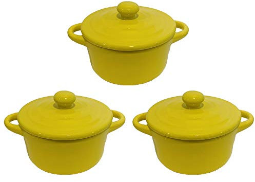 Hobby Tech Lot de 3 Mini Cocottes Jaunes Céramique Double Poignées avec Couvercle 13,5cm x 8cm Contenance Moule 200ml Ramequin Résistant Haute Température Four pour Petits Plats (Jaune, Lot de 3)
