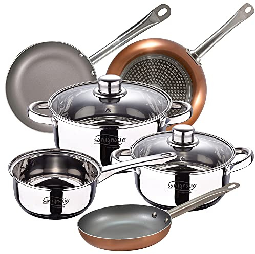 Bateria de cocina 5 piezas SAN IGNACIO Cassel, acero inoxidable, con juego sartenes (18/22/26 cm) SAN IGNACIO Optimum Plus en aluminio prensado