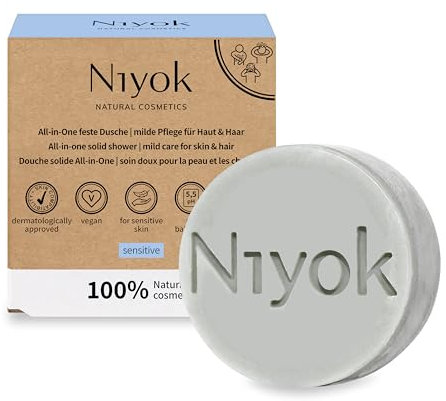Niyok® All-in-One Feste Dusche Sensitiv (80g) • Seife für Körper + Haare + Gesicht • Milde Pflege für Haut & Haar • Feste Dusche, festes Shampoo, feste Gesichtsreinigung • Naturkosmetik