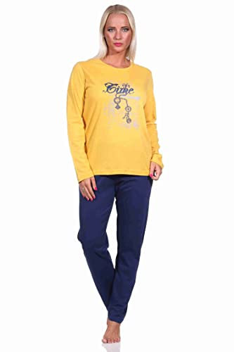 Damen Langarm Schlafanzug Pyjama mit Frontprint - 212 201 10 900, Farbe:gelb, Größe:40-42