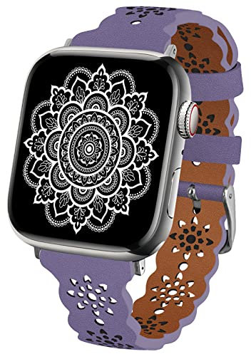 TopPerfekt Lace Leather strap Compatible Apple Watch 42mm 44mm 45mm 49mm Women Ultra Thin hollow out Breathable Leather strap Classic Clasp for iWatch Collection Ultra SE 8 7 6 5 4 3 2 1 Lavender