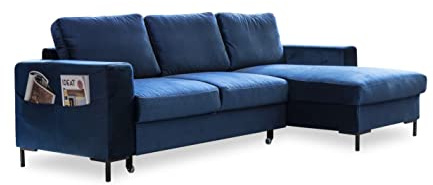 MIUFORM Ecksofa mit Schlaffunktion und Bettkasten | Lofty Lilly | Wohnladschaft Couch Schlafcouch Wohnzimmer Gästezimmer | Samt-Stoff Metallfüße (Navy blau, Rechts ausgerichtet)