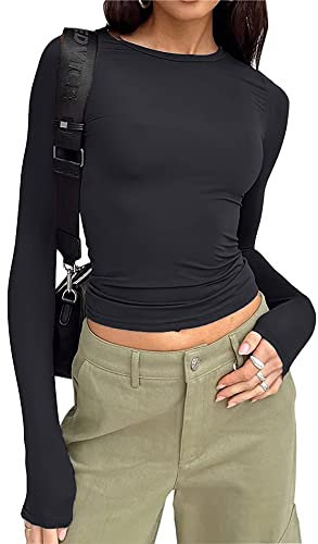 Women's Slim Fit Crop Tops Casual Solid Color Crew Neck Long Sleeve Tight T-Shirt Basic Blouse Tee Tops (Black, L)
