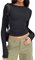 Women's Slim Fit Crop Tops Casual Solid Color Crew Neck Long Sleeve Tight T-Shirt Basic Blouse Tee Tops (Black, L)