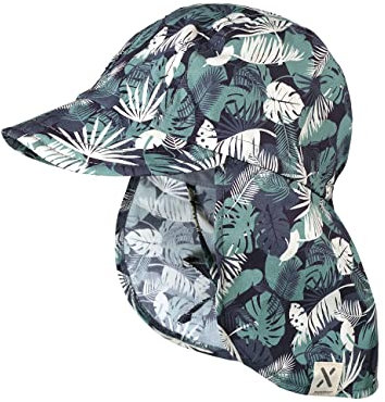 maximo Kids-Boy-Schildmütze mit Bindeband und Nackenschutz, UV 50, anthrazit-wollweiß, Monstera-Dschungel, Sonnenhut Made in Germany (as3, Numeric, Numeric_53)