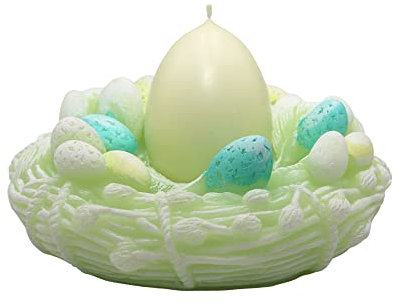 Dekohelden24 Osternestkerze, Kerze in Osternest aus Wachs, Eikerzehellgrün, Nest in grün, Geschenkverpackung mit gelber Schleife, 13 x 7 cm