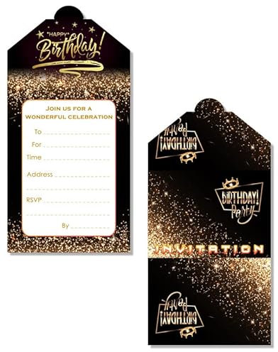 Yiran 16x Schwarzes Gold Einladungskarten für Party und Geburtstag - die Karten im Glitzer Sternenhimmel Design sind die EINLADUNG für Männer Frauen Jungen Mädchen zum Geburtstage und Partys