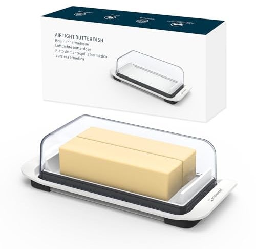 KITCHENDAO Airtight Butter Dish with Lid for Countertop and Fridge, Large Butter Keeper, Easy Scoop, Dishwasher Safe, Plastic Butter Holder Tray with non-slip Feet holds 2sticks/West/East Coast Butter