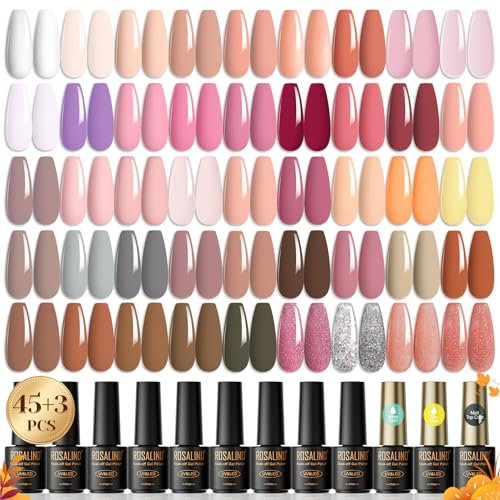 ROSALIND UV Nagellack Nudefarben Rosa Set, 48 Stück Shellac Nagellack Set UV Lack mit Top Coat Matt Base Gel Nagellack Glitzer Schellack für Nagelstudio Design Nagel Gelnägel Set Halloween