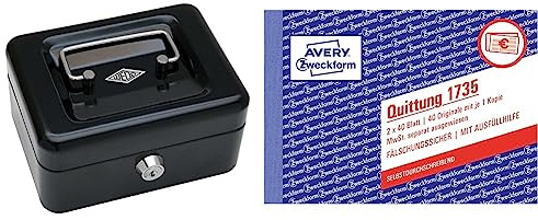 Wedo 145121X Geldkassette schwarz & AVERY Zweckform 1735 Quittungsblock (A6 quer, 2x40 Blatt, mit Durchschlag, fälschungssicher, separat ausgewiesene MwSt., für Deutschland und Österreich) weiß/gelb