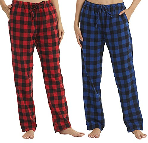 LNFINTDO 1-2er Pack Schlafanzughose Damen Frauen Flanell Karierte Weiche Pyjamahose Lounge Hosen Fleece Lounge Nachtwäsche mit Taschen