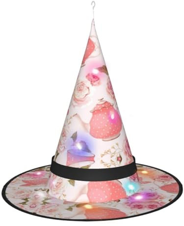 DJnni Tea Cups With Roses Romantic Shabby Witch Pointed Hat, Brim Foldable Brim Cosplay Halloween Party Masquerade Costume Accessory