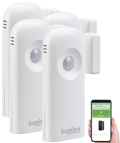 Luminea Home Control WiFi-Türsensor-Alarme: 4er-Set 2in1-WLAN-Tür-/Fenstersensoren und PIR-Sensoren, mit App (Bewegung Melder Batterie Alarm, Fenstertüralarm)