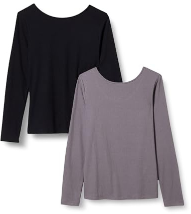 Amazon Essentials Women's Scoop Back Long-Sleeved, Slim-fit, Rib-Knit T-Shirt, Pack of 2