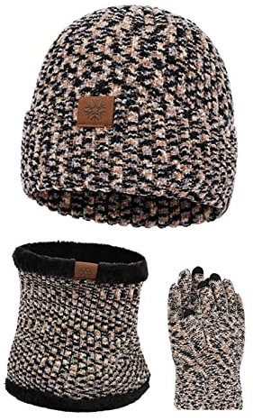 Momolaa Winter-Hut-Schal-Handschuhe Für Erwachsene, Dreiteilig, Gebürstete Schirmhandschuhe, Warmer Anzug Für Den Außenbereich Set Schal Mütze Handschuhe Damen (Khaki, One Size)