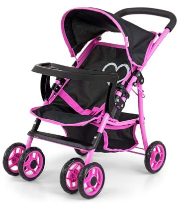 Milly Mally Puppenwagen Kate klappbar, für Mädchen ab 3 Jahren, mit Verdeck, Schaumrädern, Gurten Prestige Black