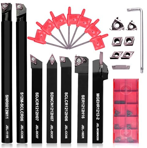 Fachmach Lathe Turning Tool Kit 10mm Shank 7 Pcs Metal Lathe Tool Holder Set for Turning Grooving Threading Boring with 7 Pcs Carbide Inserts Turning Inserts Carbide Turning Tool (10mm, 7INSERTS)