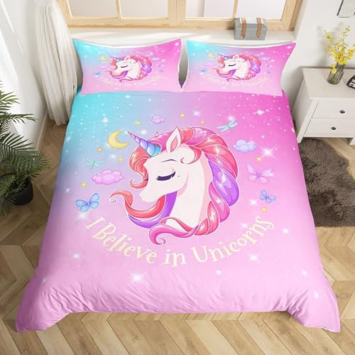 Homewish Girls Unicorn Duvet Cover Double Rainbow Unicorn Bedding Set for Kids Youth, Girly Fantasy Animal Print Comforter Cover, Lovely Clouds Stars Bed Set, Pink Blue Tie Dye Bedroom Decor