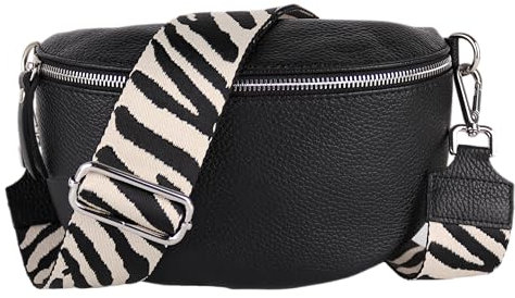 MIRROSI® Bauchtasche Damen, Echtleder, Made in Italy, Umhängetasche, Brusttasche, Crossbody Bag (1 Tasche & 2 Gurte) (Schwarz (Zebra Schwarz), Kleine Tasche (22x13x6cm))