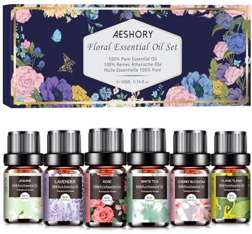 AESHORY Floreali Oli Essenziali per Diffusori 6 x 10ML, Set di Olio Essenziale di Aromaterapia Naturale al 100% per Massaggio, SPA - Lavanda, Rosa, Tè Bianco, Fiori di Ciliegio, Gelsomino, Ylang Ylang