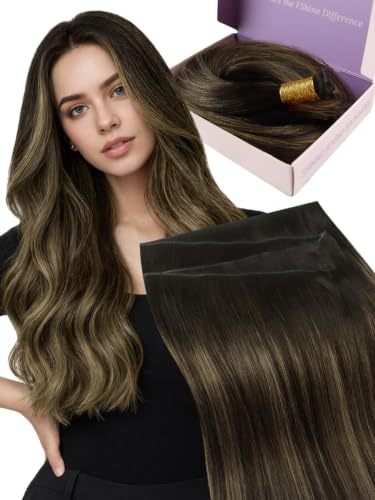 Fshine Weft Extensions Echthaar Balayage Dunkelbraun 60 cm 60 g | Genius Tressen Echthaar, ohne kurze Rückhaare, frei zuschneidbare Basis, geringe Aufbauhöhe, für feines Haar