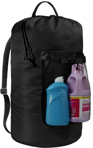 Laundry Bag with Shoulder Straps and Mesh Pocket Laundry Backpack Large Portable Laundry Hamper for College Travel, Laundromat, Apartment (Black)