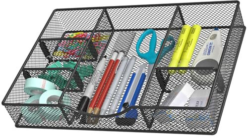VyGrow Bandeja organizadora de cajones de escritorio, malla de metal, 6 compartimentos ajustables, bandeja organizadora de escritorio para oficina en casa, 12 x 8.26 x 1.96 pulgadas, negro, 1 paquete