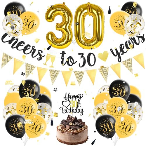 GoldRock 30 Geburtstag Männer Frauen Deko Set, Girlande 30 Geburtstag Deko & Wimpel,Luftballons Deko 30 Geburtstag Mann Frau Schwarze Gold,Konfetti 30. Geburtstag Deko,Folienballons Geburtstagsdeko 30