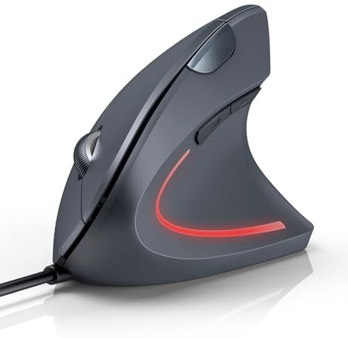 TECKNET Vertikale USB-Maus für Rechtshänder – Grau | 6400 DPI, 6 Tasten, LED-Beleuchtung, Ergonomisches Design zur Entlastung des Handgelenks, Kompatibel mit Windows & Mac OS